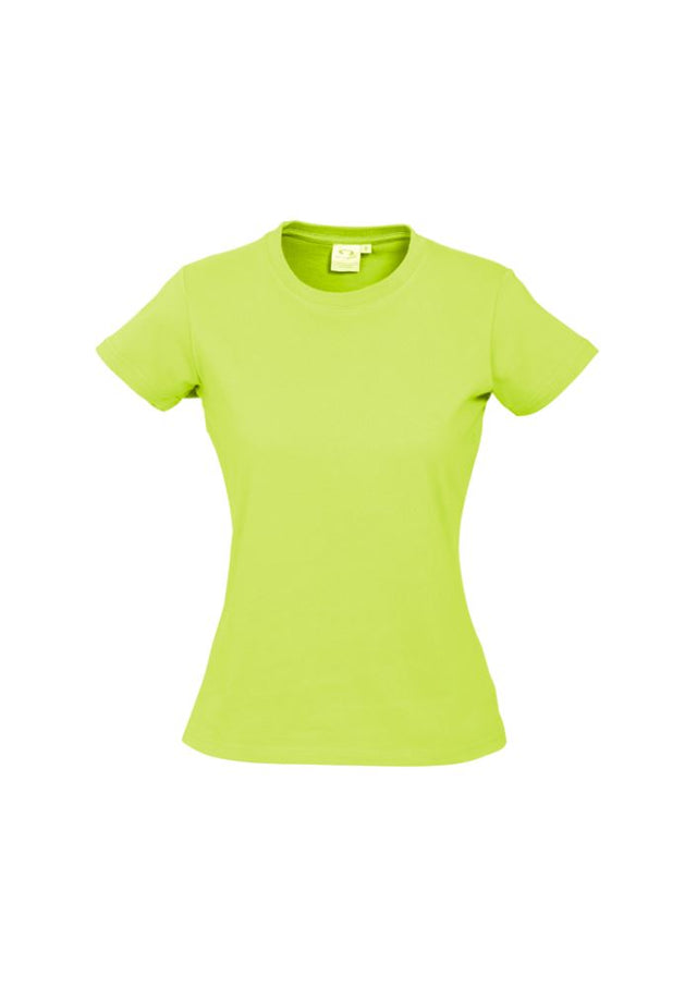 Vibrant Fluoro Yellow/Lime Ladies Ice Tee, size 22, featuring breathable fabric and ribbed neck for comfort and style.