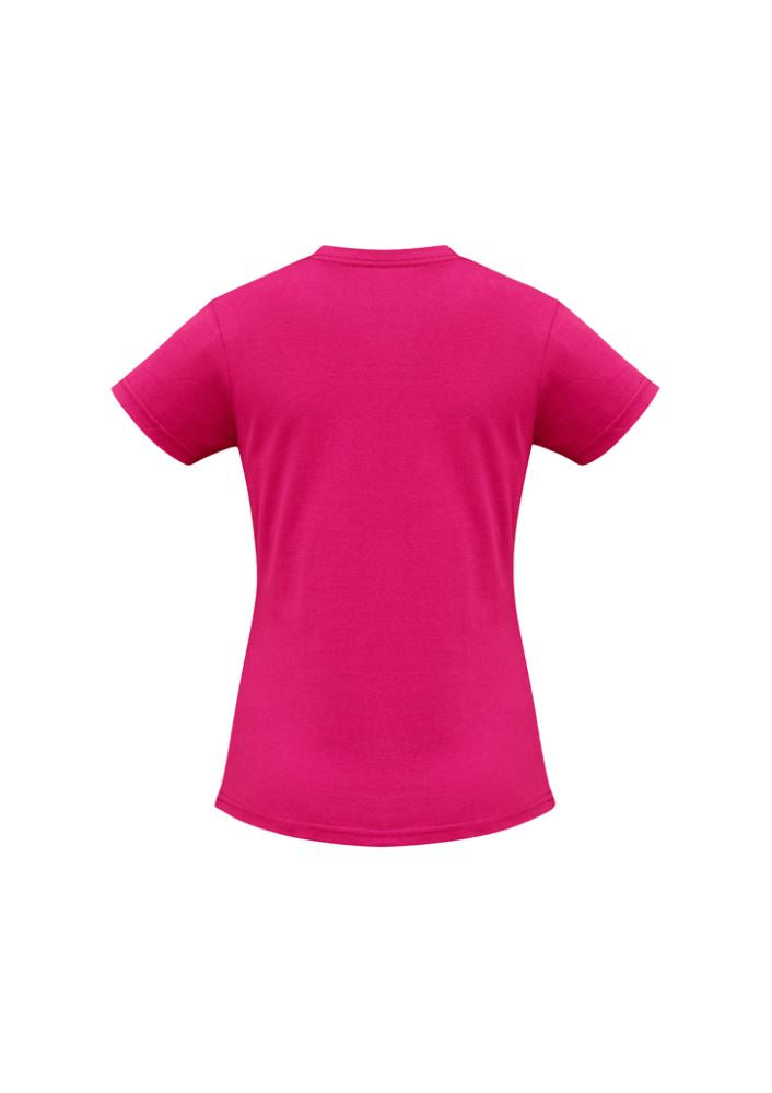 Ladies Ice Tee in Fuchsia, Size 8, featuring a modern fit, soft cotton fabric, and ribbed neck for ultimate comfort and style.