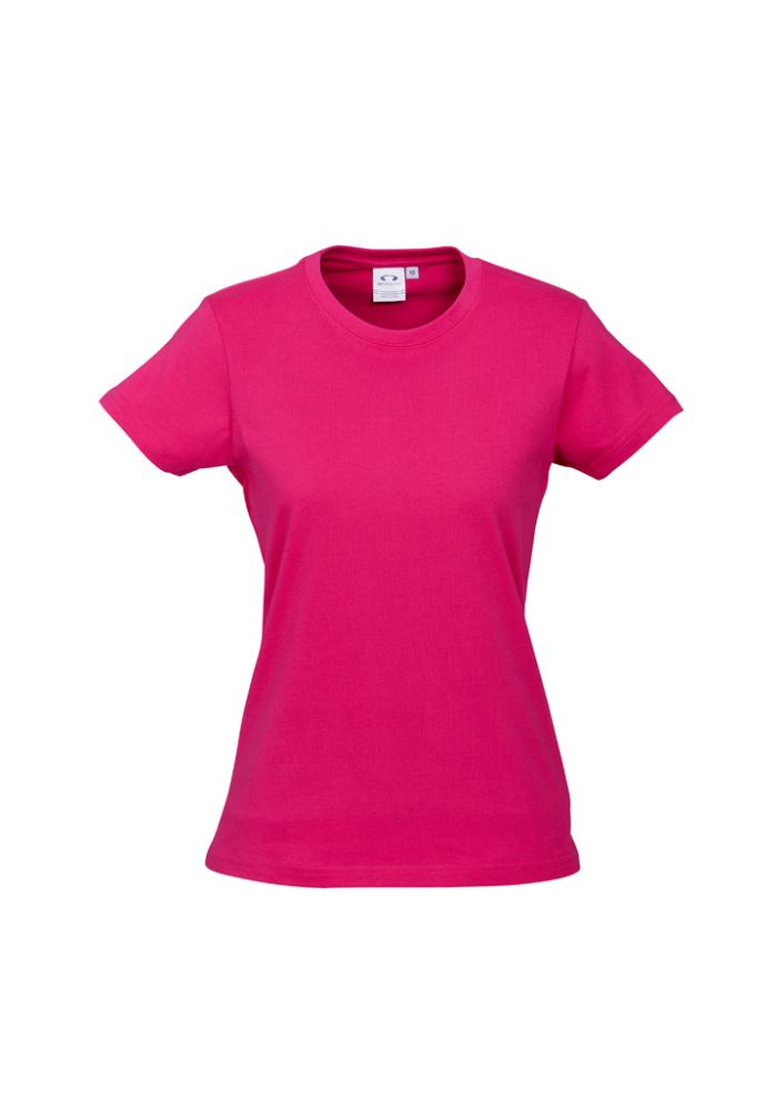 Ladies Ice Tee in fuchsia, size 8, made of soft cotton with a modern fit, ribbed neck, and durable design, ideal for casual wear.