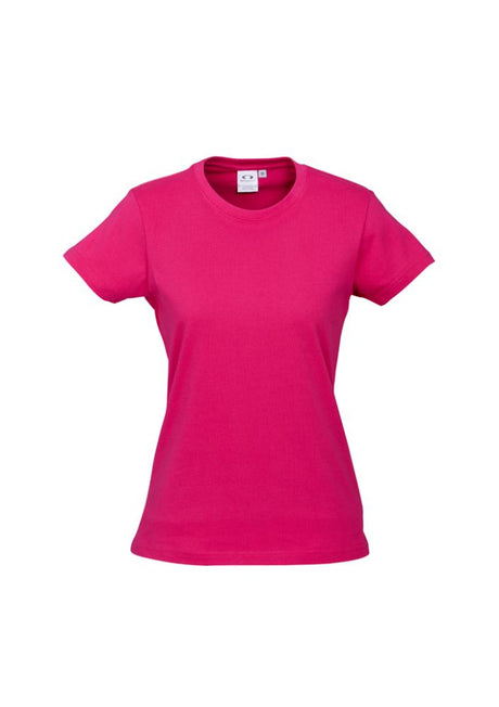 Ladies Ice Tee in fuchsia, size 8, made of soft cotton with a modern fit, ribbed neck, and durable design, ideal for casual wear.