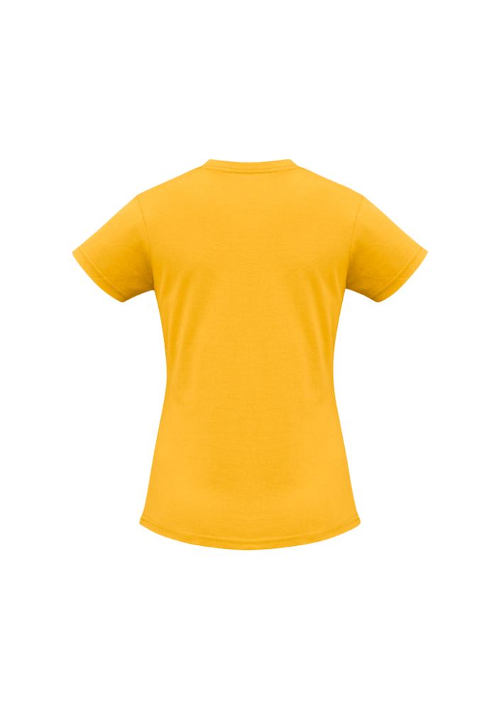 Ladies Ice Tee in gold, size 8; made from soft cotton with a ribbed neck and durable hems, perfect for stylish comfort.