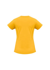 Ladies Ice Tee in gold, size 8; made from soft cotton with a ribbed neck and durable hems, perfect for stylish comfort.
