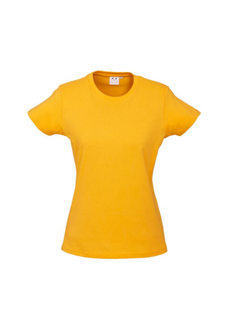 Ladies Gold Ice Tee, Size 6, crafted from soft 100% combed cotton, featuring a ribbed neckline and durable stitching for comfort.