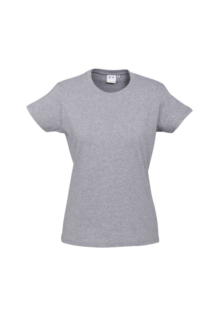 Ladies Ice Tee in Grey Marle, Size 8, featuring soft cotton, ribbed neck, and durable design for comfort and style.
