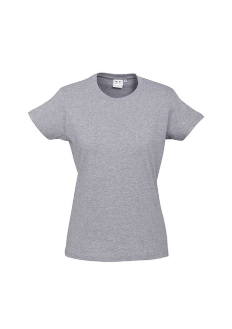 Ladies Ice Tee in Grey Marle, Size 8, featuring soft cotton, ribbed neck, and durable design for comfort and style.