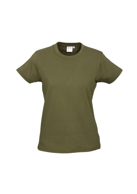 Ladies Ice Tee in Khaki, Size 18, featuring breathable cotton, ribbed neck, and a stylish fit for casual or workwear.