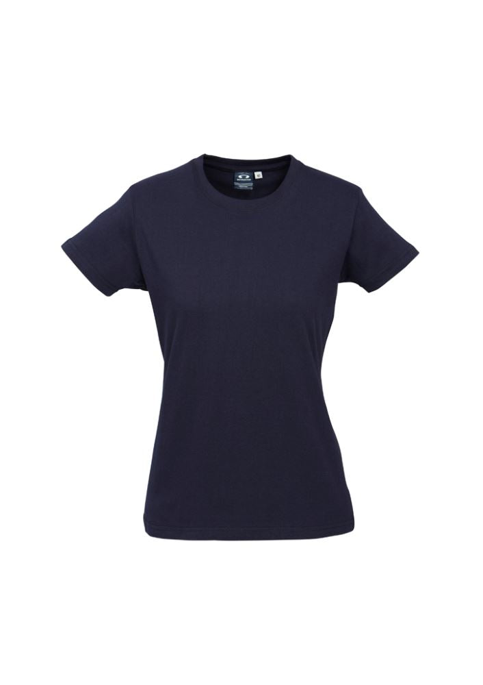 Navy Ladies Ice Tee, Size 18, made from soft cotton, featuring a ribbed neck, durable hems, and ideal for work or casual wear.
