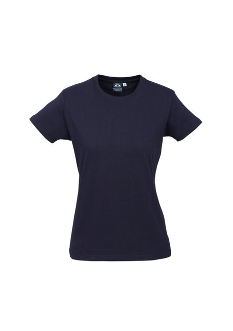 Navy Ladies Ice Tee, Size 18, made from soft cotton, featuring a ribbed neck, durable hems, and ideal for work or casual wear.