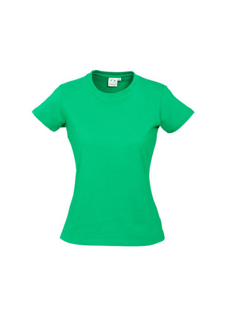 Ladies Neon Green Ice Tee, Size 16, featuring breathable fabric, ribbed neck, and durable hem for casual or promotional wear.