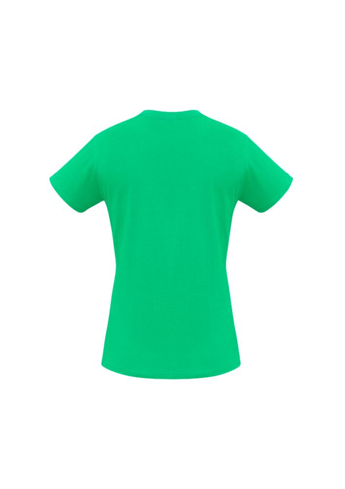 Ladies Ice Tee in vibrant neon green, size 24, featuring breathable fabric, ribbed neck, and durable seams for comfort and style.
