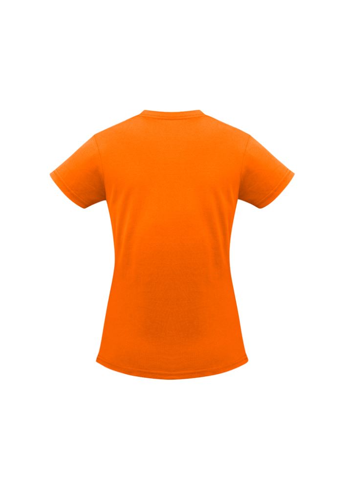 Vibrant orange Ladies Ice Tee, size 12, featuring a stylish fit, breathable fabric, and easy tear-away label for branding.