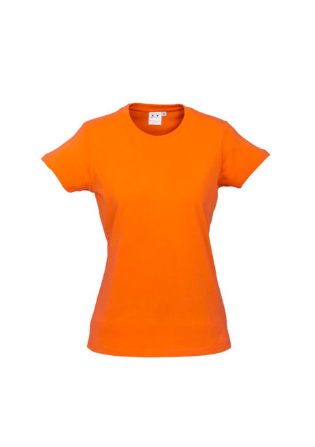 Vibrant orange Ladies Ice Tee, size 24, made from a comfortable polyester-cotton blend; perfect for casual wear and branding.