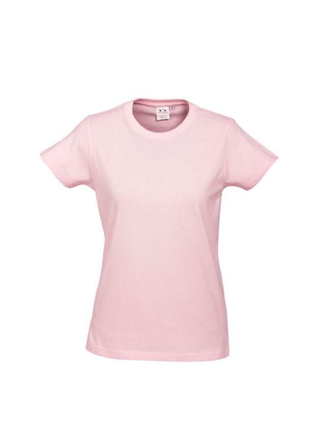 Ladies Ice Tee in vibrant pink, size 18, crafted from soft cotton with ribbed neck and durable seams for style and comfort.