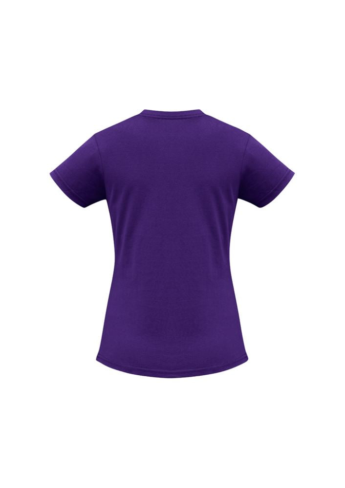 Ladies Ice Tee in purple, size 8; breathable, stylish, featuring ribbed neck and durable fabric, perfect for active women.