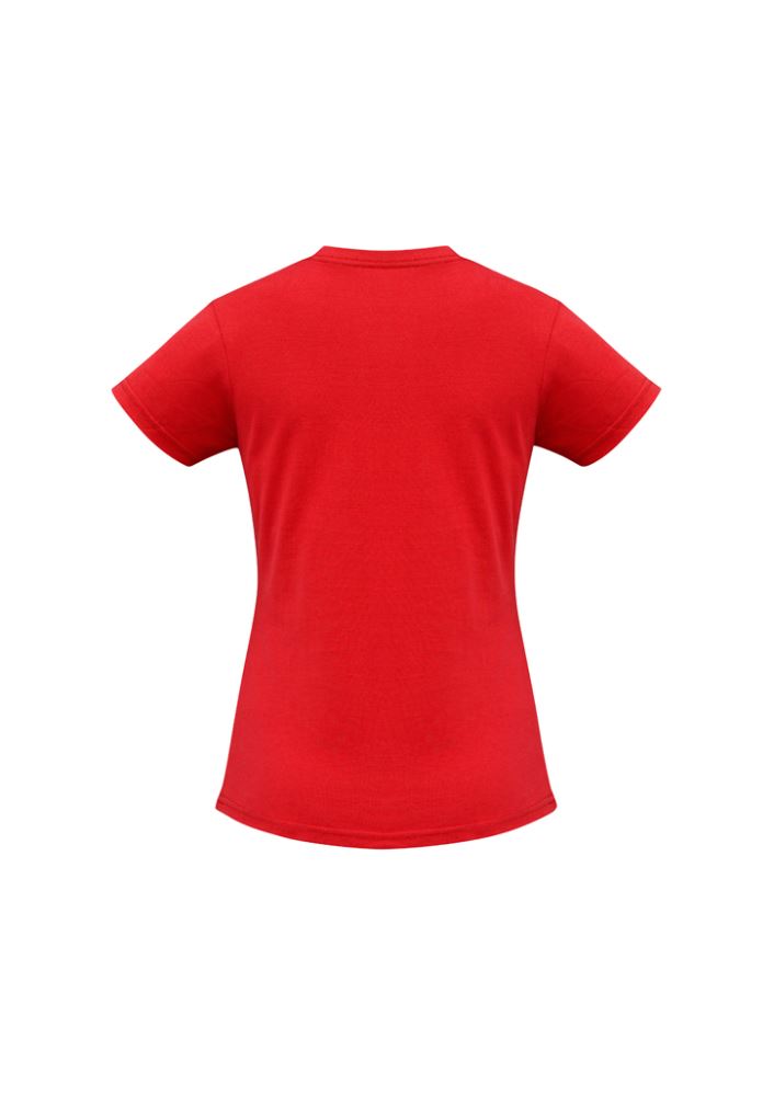 Bright red Ladies Ice Tee in size 10, crafted from premium cotton with a comfortable fit and ribbed neck for versatility.