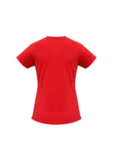 Bright red Ladies Ice Tee in size 10, crafted from premium cotton with a comfortable fit and ribbed neck for versatility.
