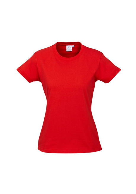 Ladies Ice Tee in vibrant red, size 10, featuring soft cotton, ribbed neck, and durable design for casual or active wear.