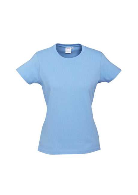 Ladies Ice Tee in Spring Blue, size 6, featuring soft cotton, ribbed neck, and stylish fit for casual and active wear.