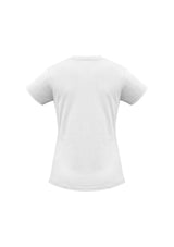 Ladies Ice Tee in white, Size 16, featuring premium cotton, ribbed neck, and durable twin needle hems for comfort and style.