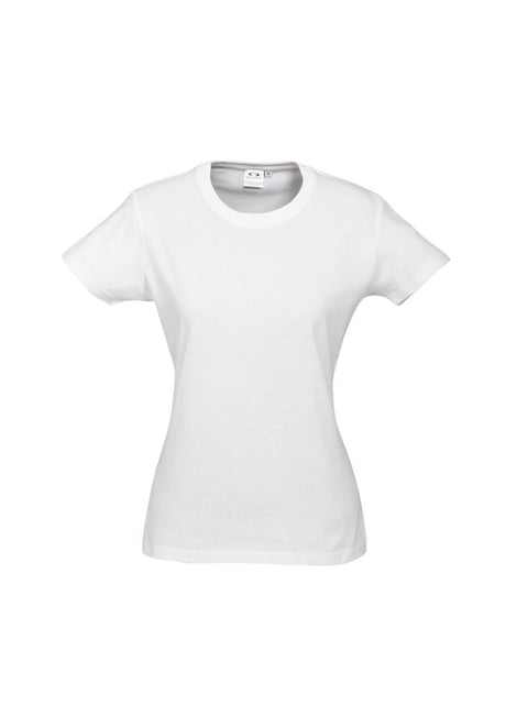 Ladies Ice Tee in white, Size 18, featuring breathable cotton, ribbed neck, and durable seams for casual or professional wear.