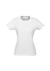 Ladies Ice Tee in white, size 6, featuring a stylish fit, premium cotton fabric, and ribbed neck for comfort and durability.