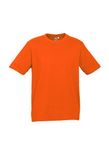 Fluoro Orange Kids Ice Tee from Biz Collection, size 8, featuring a stretchy ribbed collar and durable twin needle detailing.