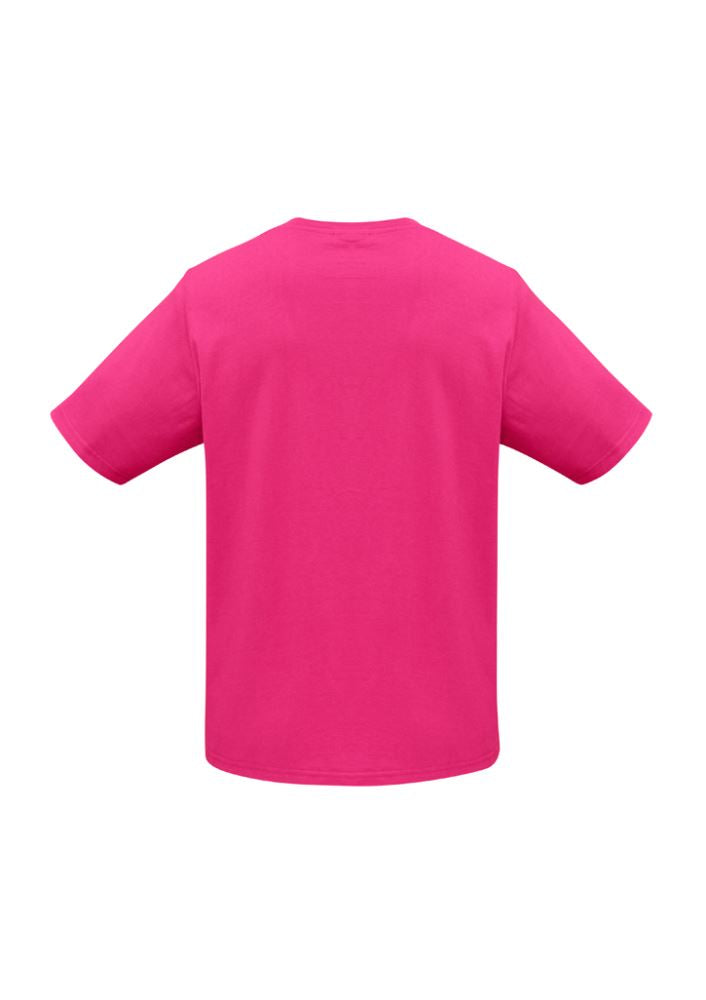 Bright fuchsia Kids Ice Tee, size 14, featuring comfy combed cotton, ribbed collar, and durable twin needle stitching.