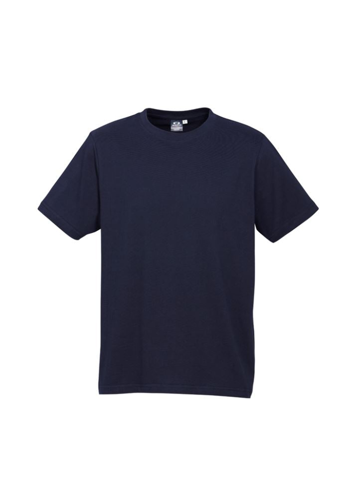Kids Ice Tee in navy, size 8, featuring soft cotton, ribbed collar, and durable design for active wear.