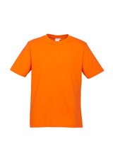 Kids Ice Tee in vibrant fluoro orange, size 8, featuring breathable fabric, stretchy collar, and durable design for active play.