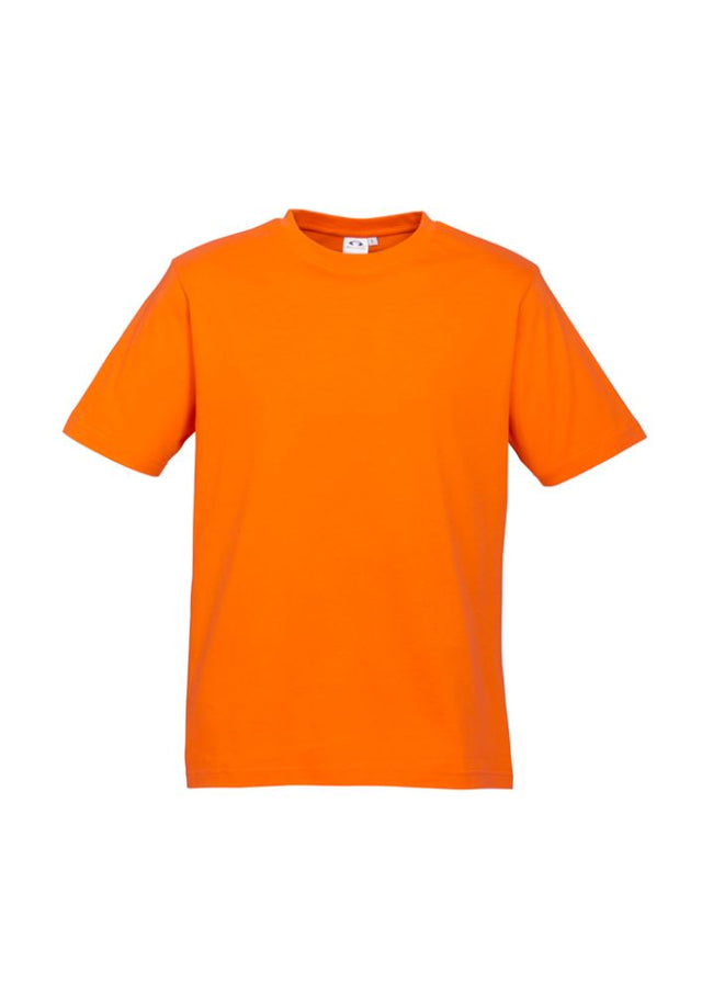 Vibrant fluoro orange kids' ice tee, size 6, made from durable polyester-cotton blend for outdoor play and comfort.