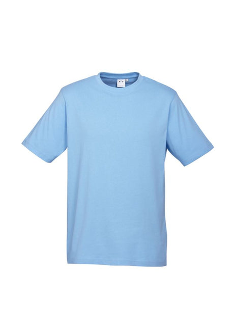 Kids Ice Tee in vibrant Spring Blue, Size 12; made from premium cotton, features ribbed collar and durable seams for comfort.