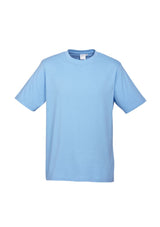 Kids Ice Tee in vibrant Spring Blue, Size 14, featuring a ribbed collar and durable twin needle stitching for active wear.