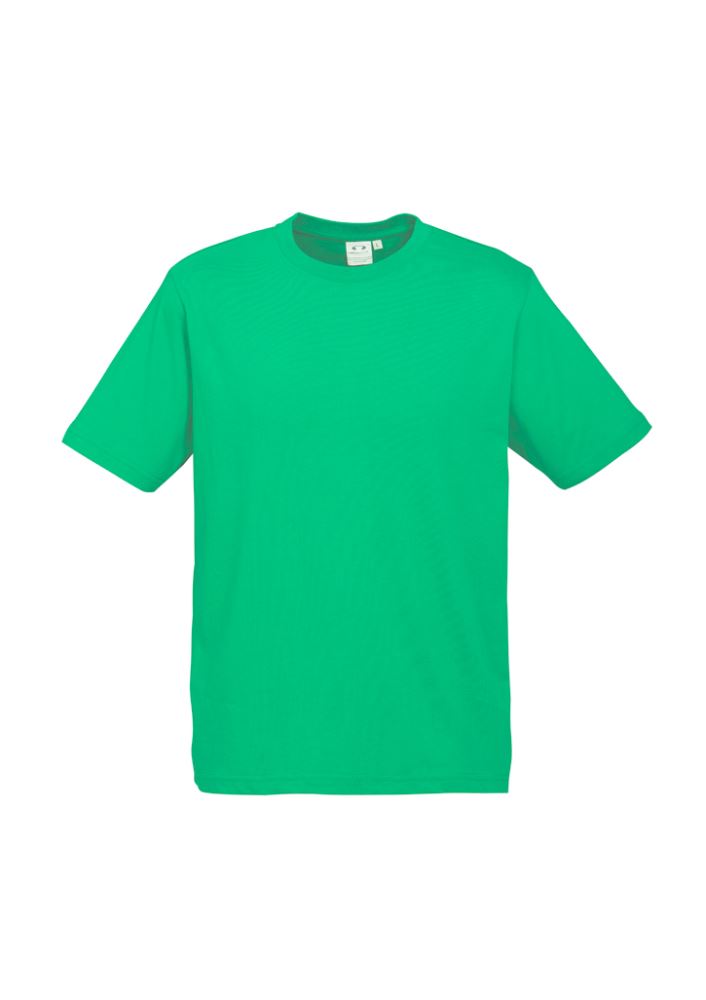 Kids Ice Tee in vibrant neon green, size 4; lightweight, breathable fabric with ribbed collar and durable design for active play.