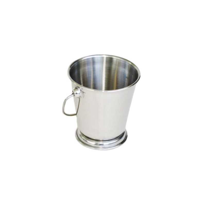 Stainless steel mini bucket with sturdy base, compact design for organizing tools or plants, dimensions 90 x 60 x 90MM.