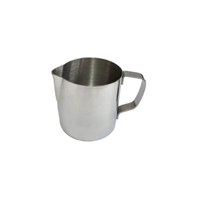 Stainless steel milk frothing jug (0.35L) for creating creamy froth and latte art, perfect for home or café use.