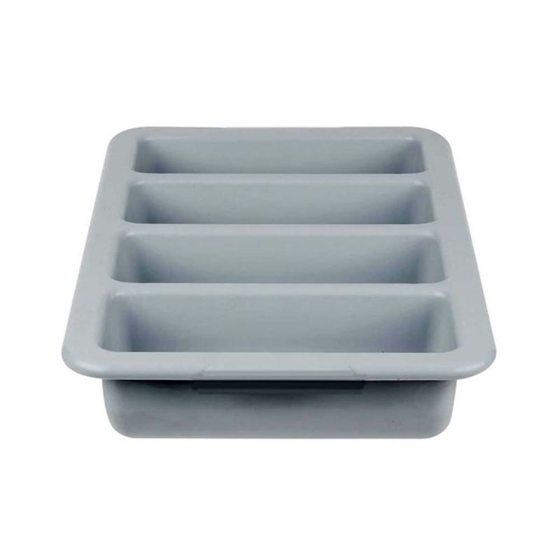 Grey cutlery box with 4 compartments, 530 x 335mm, designed for organized storage of utensils and condiments.