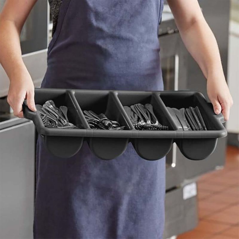 Gray cutlery box with 4 compartments, designed for organized storage of utensils and condiments, measuring 530 x 335mm.