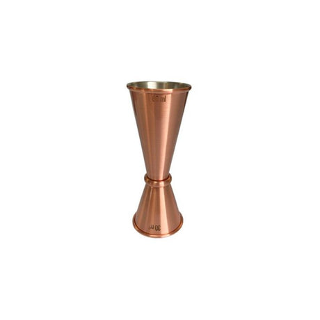 Copper Japanese jigger with rolled edges, featuring inner measurement lines for precise 30/60ml pouring.