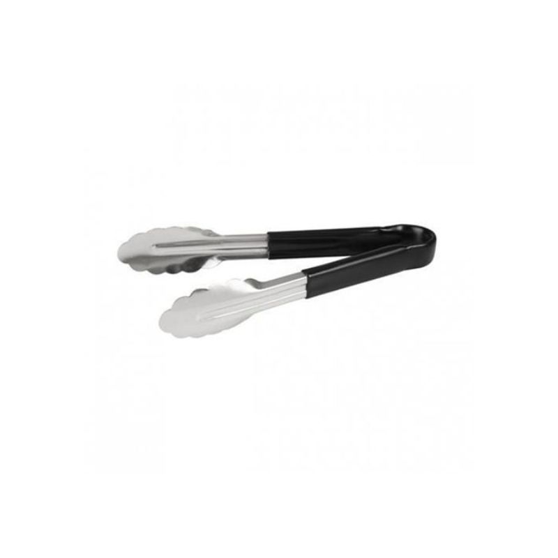 Stainless steel 40cm black tongs with color-coded handle, designed for grilling and buffet service, dishwasher safe.