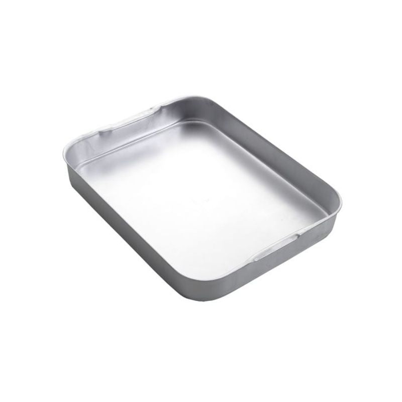 Heavy-duty aluminium roasting pan (41.9cm) with recess handles, ideal for even cooking and easy transport.