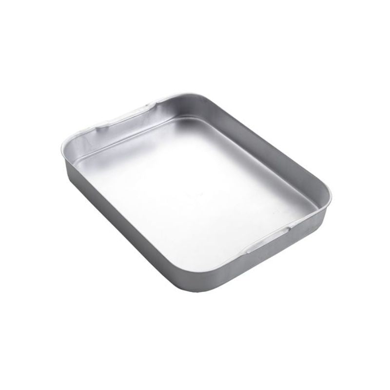 Heavy-duty 47cm aluminium roasting dish with recessed handles, elegant brush finish, ideal for baking and roasting.