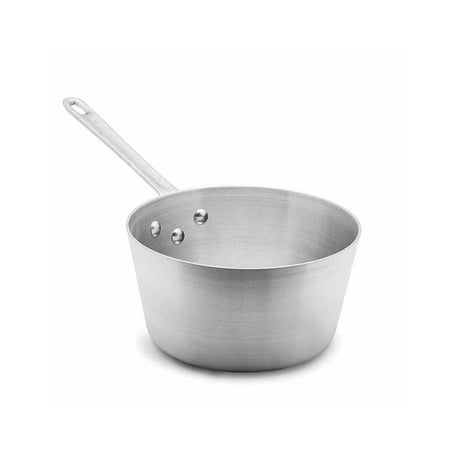 Aluminium saucepan with 2.5L capacity, strong riveted handle, and brushed finish for even cooking performance.