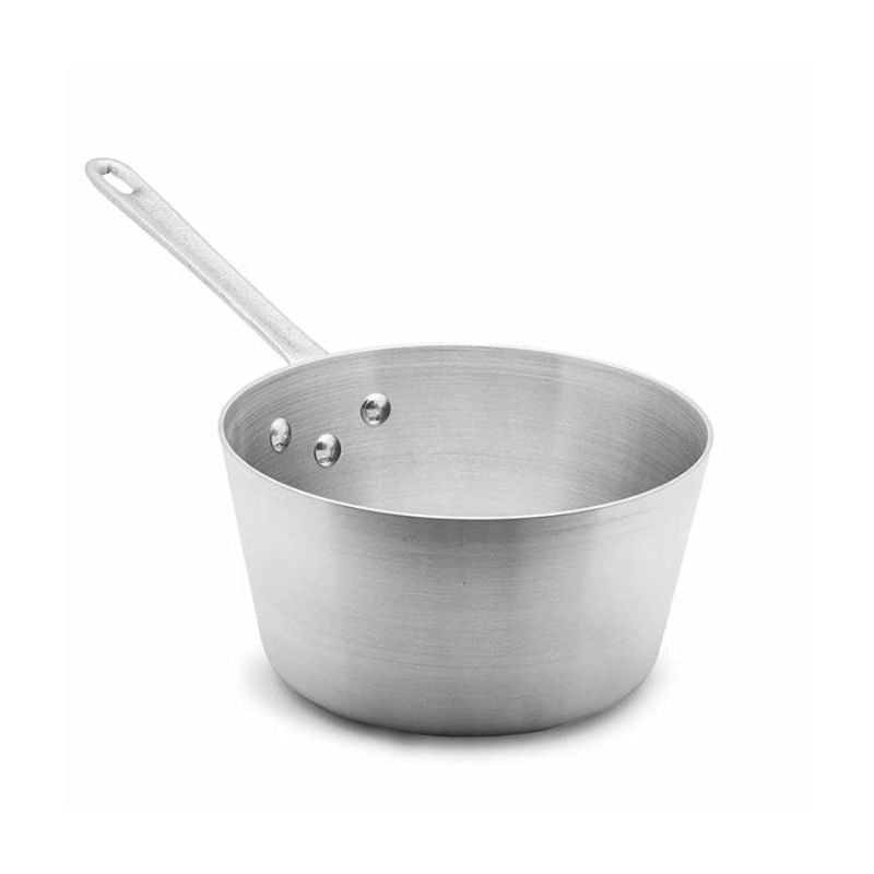 Heavy gauge aluminium 4.5L saucepan with riveted handle, perfect for sauces and soups; not for induction cooking.