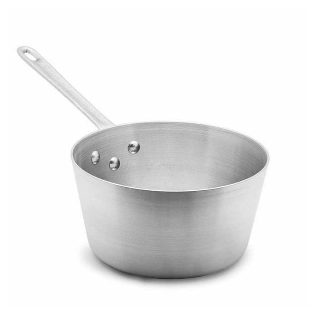 7L Aluminium saucepan with brush finish, sturdy handle, perfect for versatile cooking on gas, electric, and open fire.