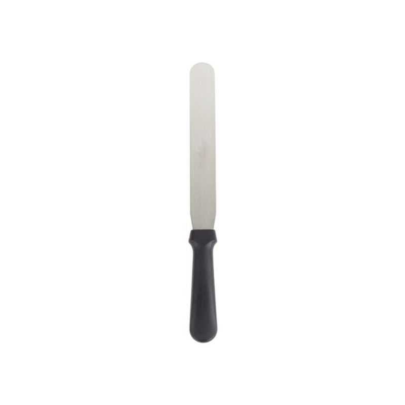 Black handle spatula with a long thin blade, perfect for spreading icing and shaping dough in the kitchen.