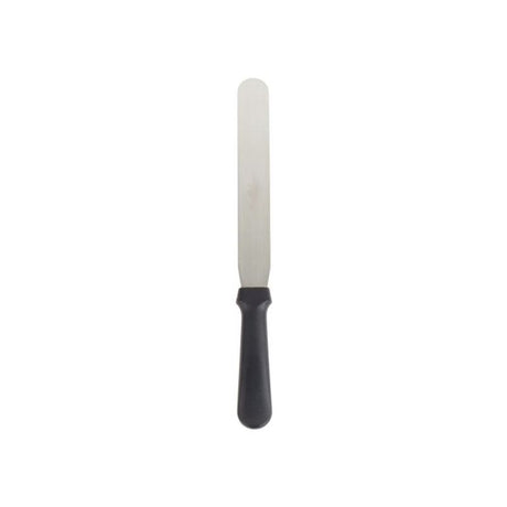 Black handle spatula with a long thin blade, perfect for spreading icing and shaping dough in the kitchen.