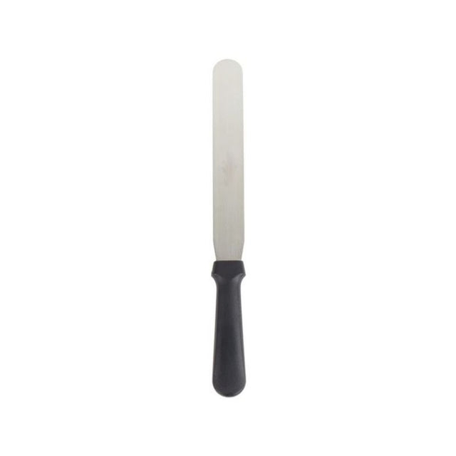 Premium 250mm black handle spatula with a sharp, thin blade for easy icing, fondant shaping, and comfortable grip.