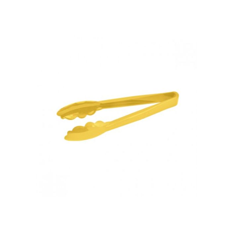 Durable 23cm yellow polycarbonate tongs with scalloped edges for precise food handling, dishwasher safe and color-coded for hygiene.