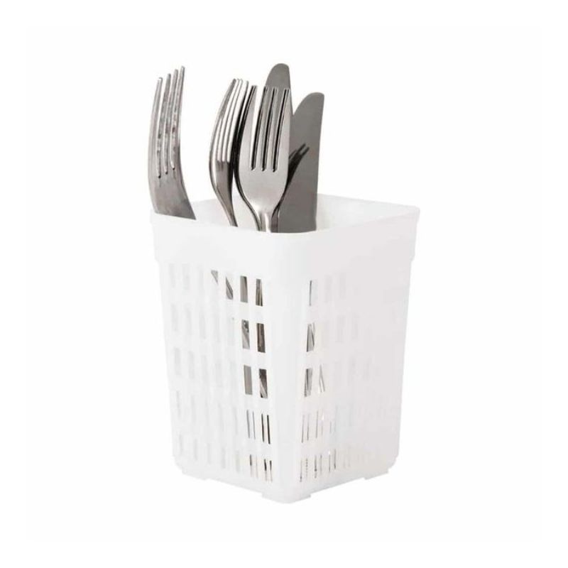 Stylish square white cutlery basket (13cm) for organized utensils, perfect for any dining setting.