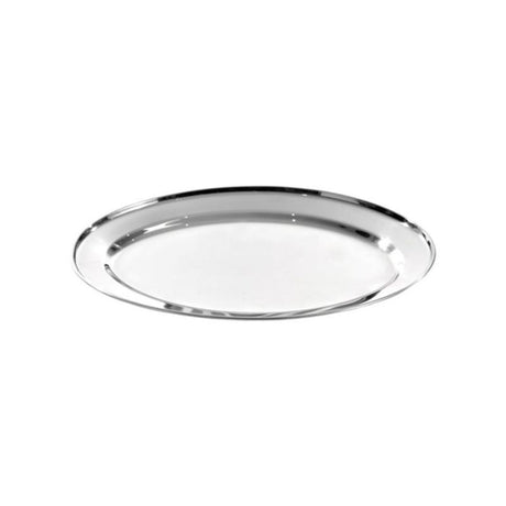 Oval stainless steel platter (55cm) with polished finish, perfect for serving a variety of dishes, dishwasher safe.